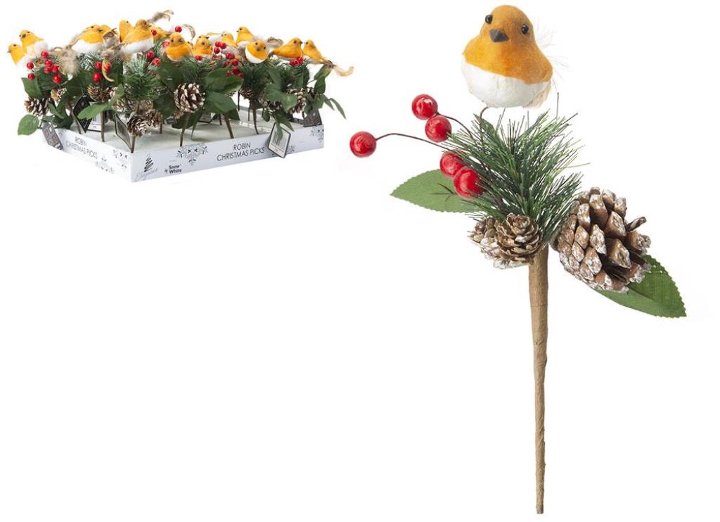 25cm Luxury Robin Christmas Pick - Click Image to Close