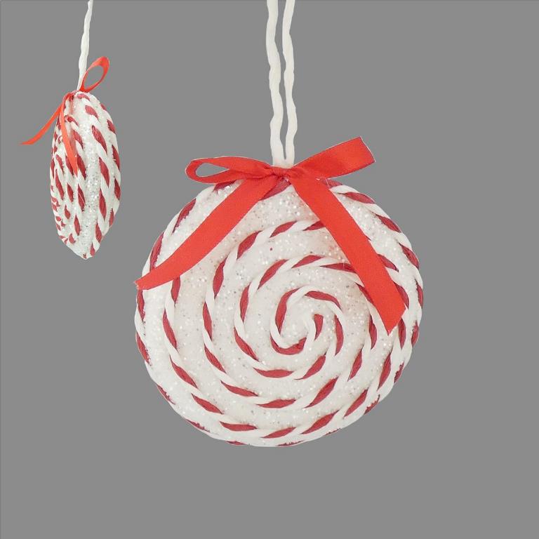 10cm Candy Cane Disc Bauble White And Red - Click Image to Close