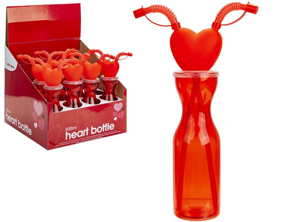 HEART BOTTLE 2 STRAWS 500ML 6.5CM X 25CM - Click Image to Close