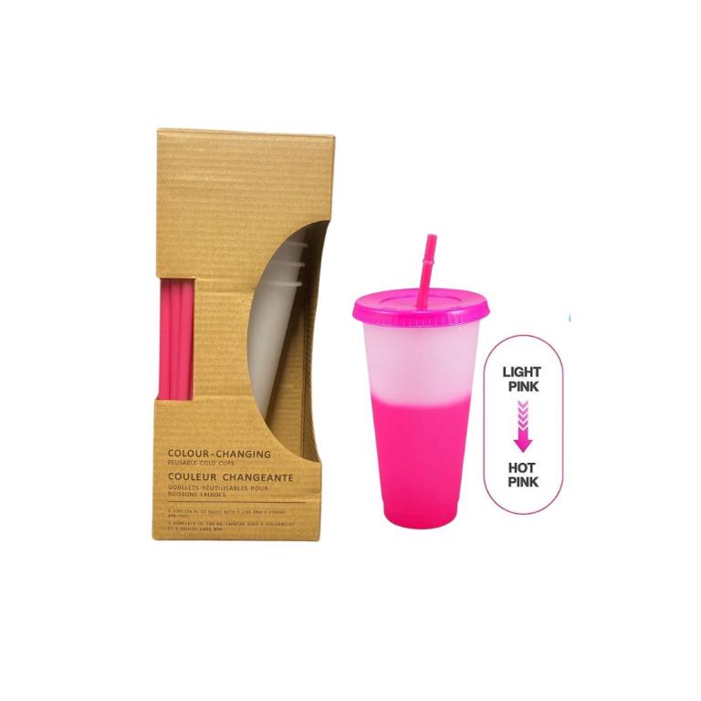 Pink 700Ml Colour Changing Drinking Cup With Straw Pack Of 5 - Click Image to Close