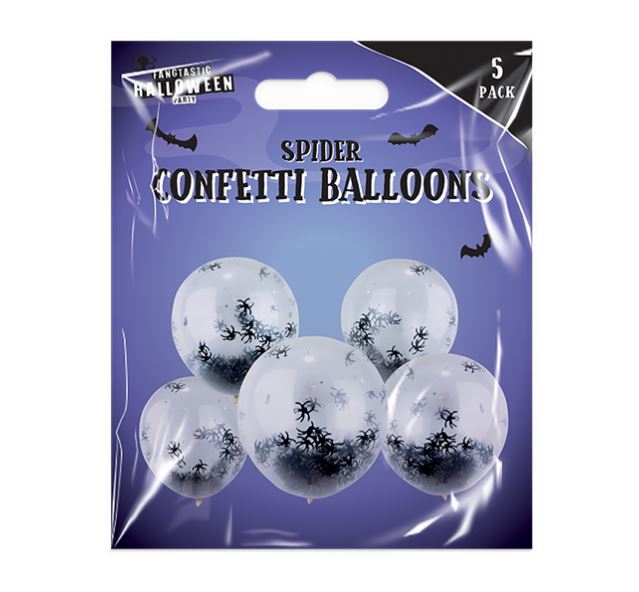 12" SPIDER CONFETTI BALLOONS 5PK - Click Image to Close