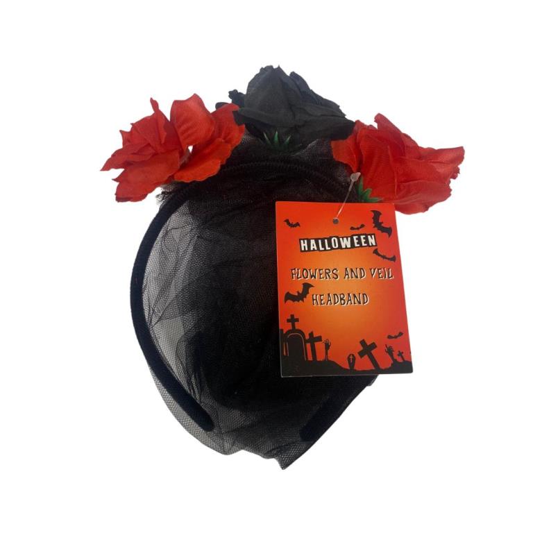 Halloween Flowers With Veil Headband 16 x 51cm - Click Image to Close