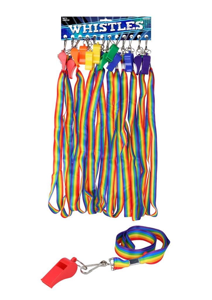 Plastic Whistle 5.5cm With Rainbow Cord X 12 - Click Image to Close