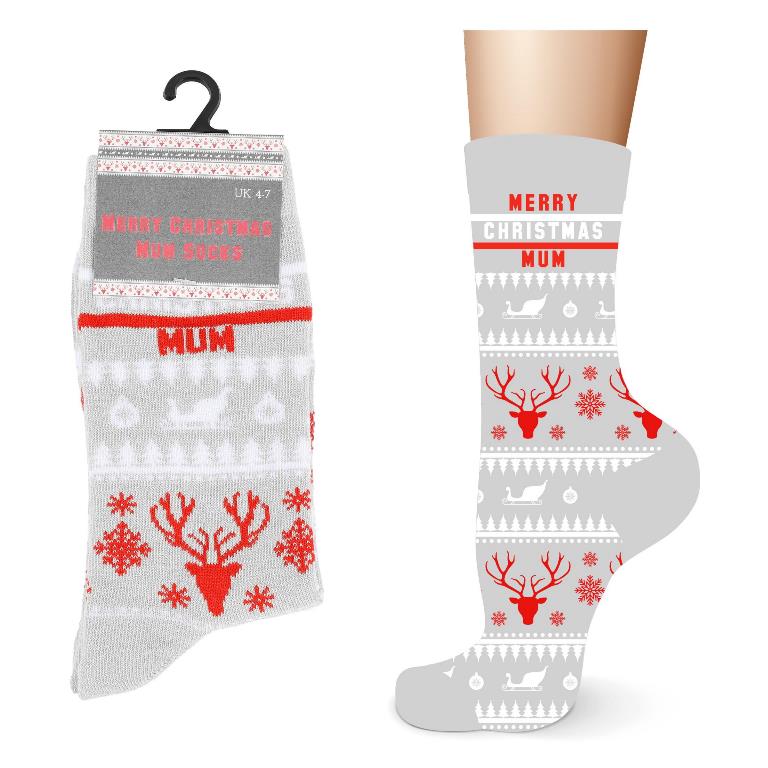 Ladies Cotton Merry Christmas Mum Design Socks - Click Image to Close