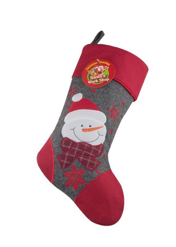 Deluxe Plush Red/grey Snowman Christmas Stocking 40cm x 25cm - Click Image to Close
