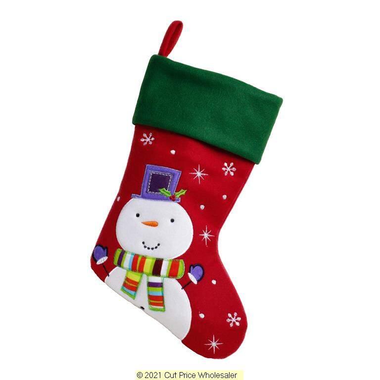 Deluxe Plush Red Green Top Snowman Stocking 40cm X 25cm - Click Image to Close