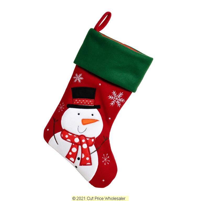 Deluxe Plush Red Green Top Snowman Stocking 40cm X 25cm - Click Image to Close
