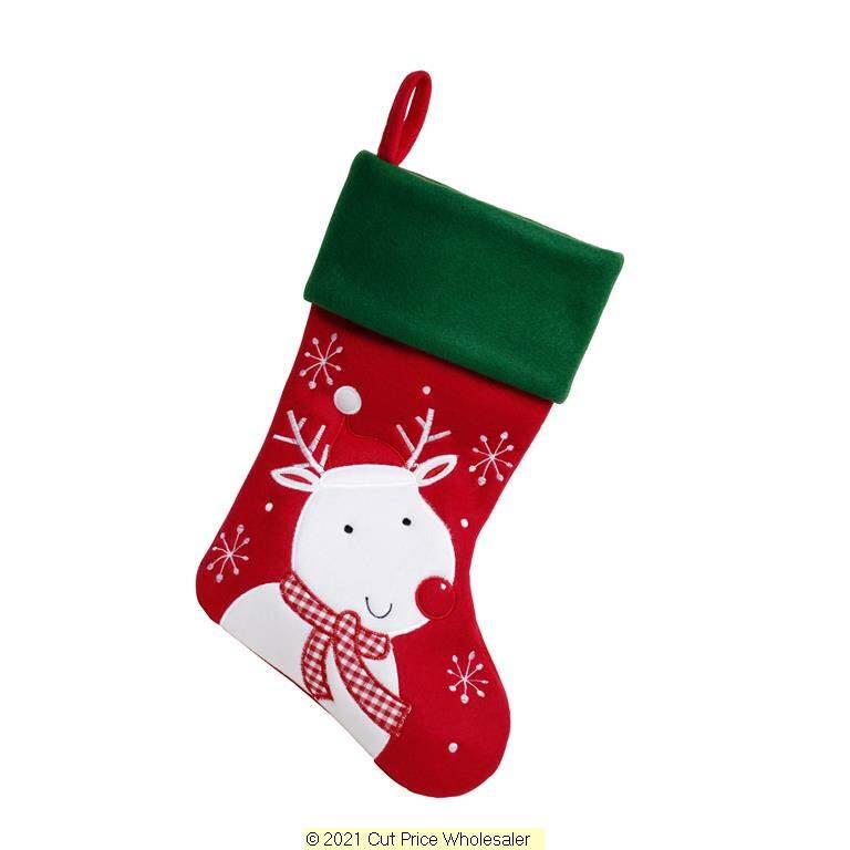 Deluxe Plush Red Green Top Reindeer Stocking 40cm X 25cm - Click Image to Close