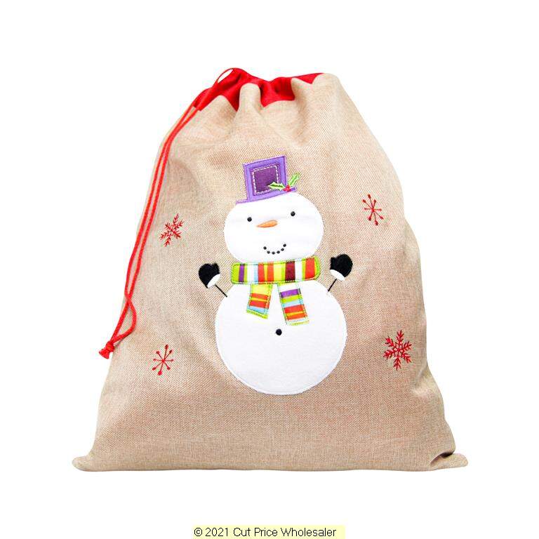 Deluxe Plush Hessian Snowman Christmas Sack 50cm X 70cm - Click Image to Close