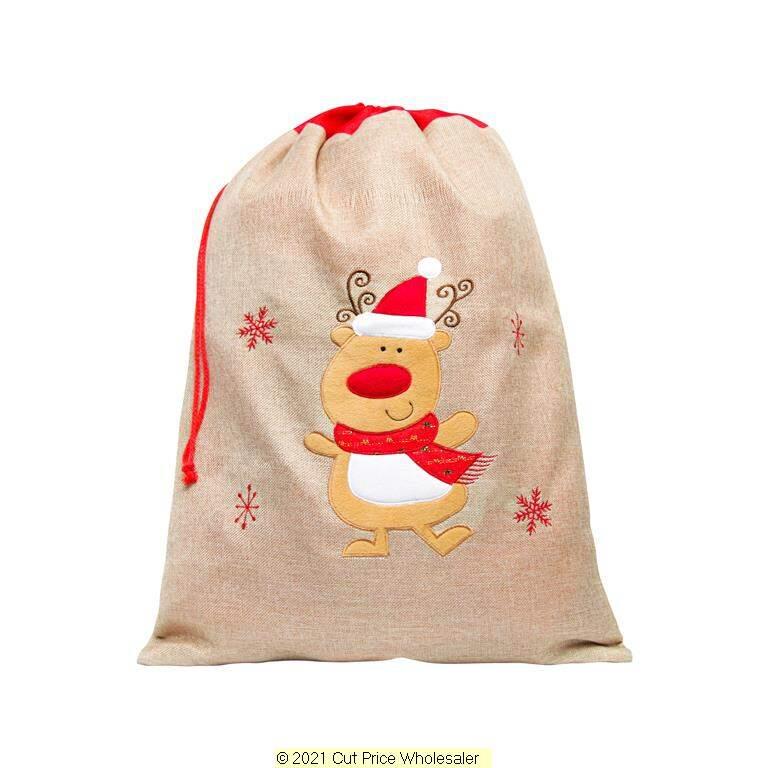 Deluxe Plush Hessian Reindeer Christmas Sack 50cm X 70cm - Click Image to Close