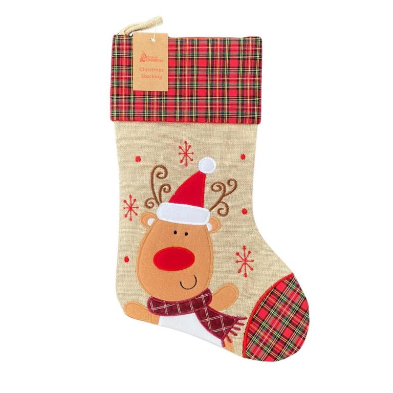 Deluxe Plush Tartan Reindeer Christmas Stocking - Click Image to Close
