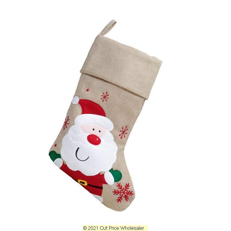 Deluxe Plush Hessian Cute Santa Stocking 40cm X 25cm - Click Image to Close