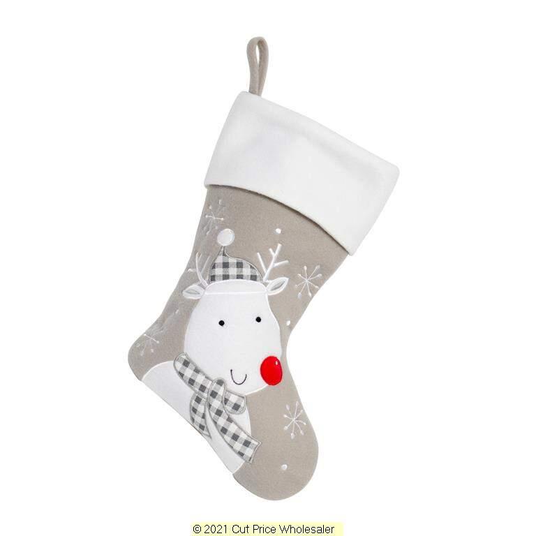 Deluxe Plush Silver White Top Reindeer Stocking 40cm X 25cm - Click Image to Close