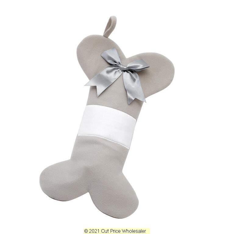Deluxe Plush Silver Bone Stocking With Bow 40cm X 25cm - Click Image to Close