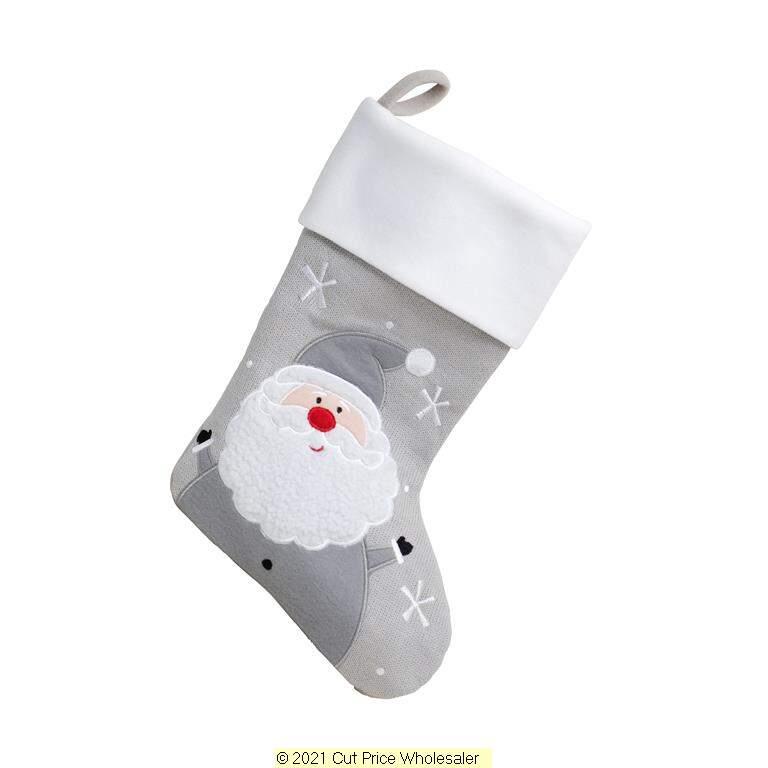 Deluxe Plush Silver Knitted Santa Stocking 40cm X 25cm - Click Image to Close