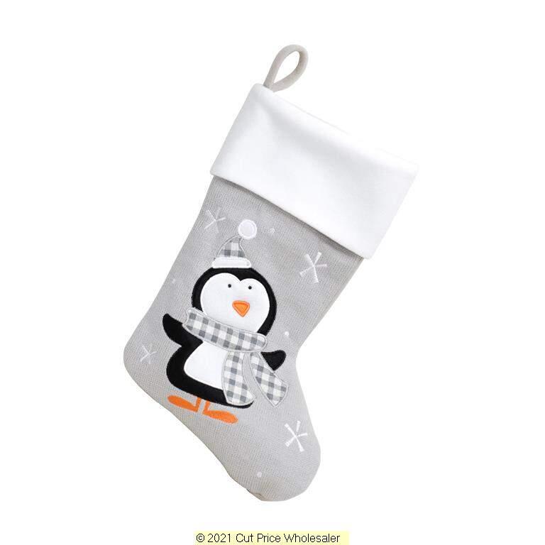 Deluxe Plush Silver Knitted Penguin Stocking 40cm X 25cm - Click Image to Close
