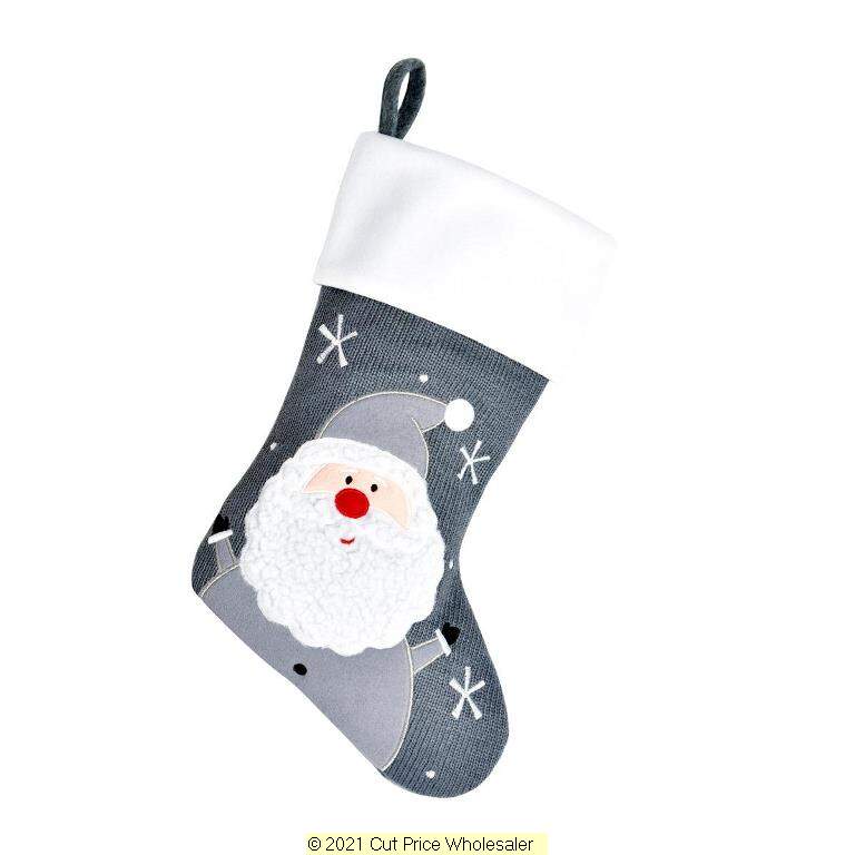 Deluxe Plush Grey Knitted Fluffy Santa Stocking 40cm X 25cm - Click Image to Close