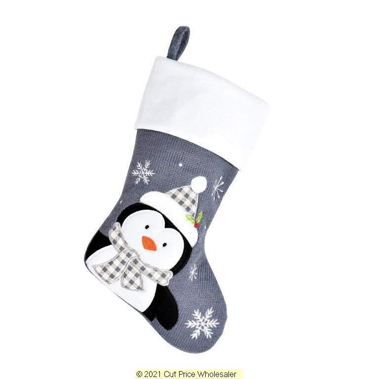 Deluxe Plush Grey Knitted Penguin Stocking 40cm X 25cm - Click Image to Close