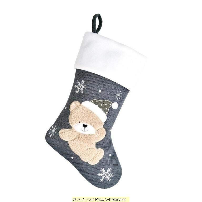 Deluxe Plush Grey Knitted Fluffy Teddy Stocking 40cm X 25cm - Click Image to Close