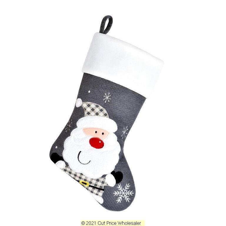 Deluxe Plush Santa Grey Knitted Stocking 40cm X 25cm - Click Image to Close