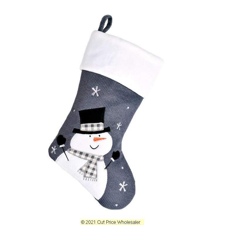 Deluxe Plush Snowman Grey Knitted Stocking 40cm X 25cm - Click Image to Close