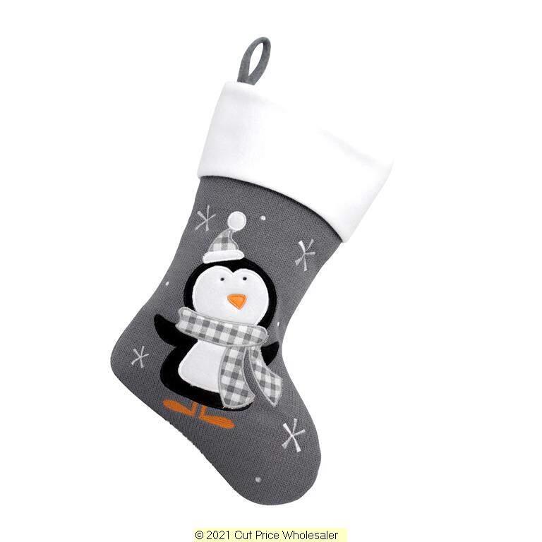 Deluxe Plush Grey Knitted Penguin Stocking 40cm X 25cm - Click Image to Close