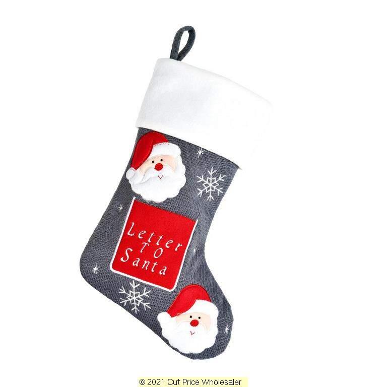 Deluxe Plush Letter To Santa Grey Knitted Stocking 40cm X 25 - Click Image to Close