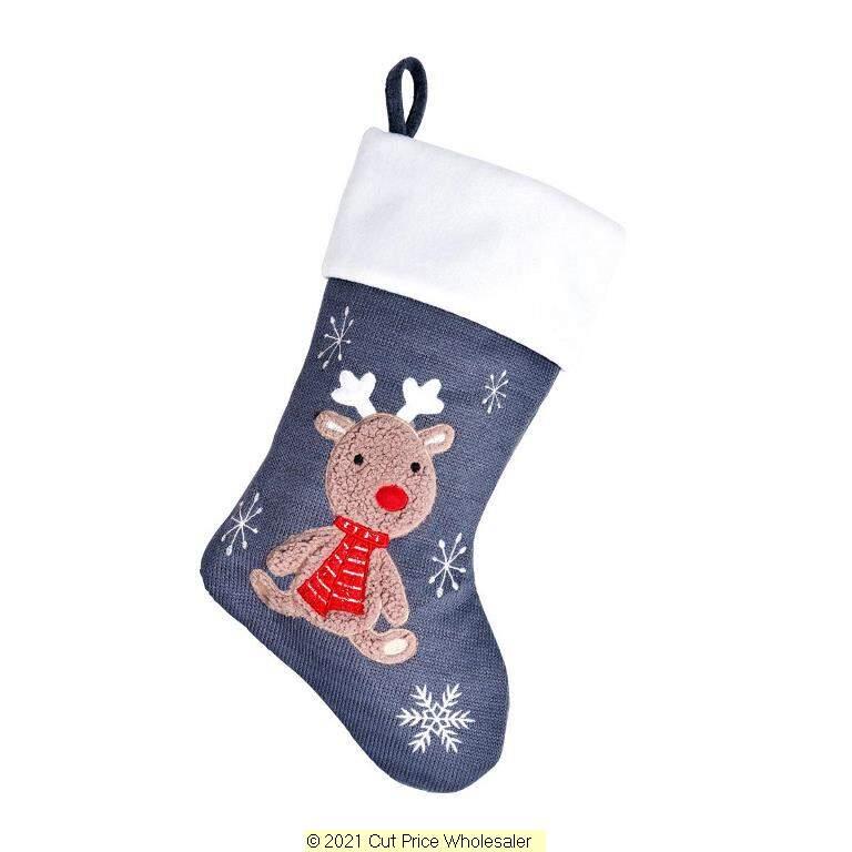 Deluxe Plush Grey Knitted Reindeer Baby Stocking 40cm X 25cm - Click Image to Close