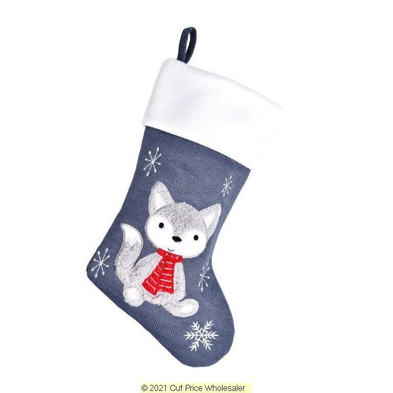 Deluxe Plush Grey Knitted Fox Baby Stocking 40cm X 25cm - Click Image to Close