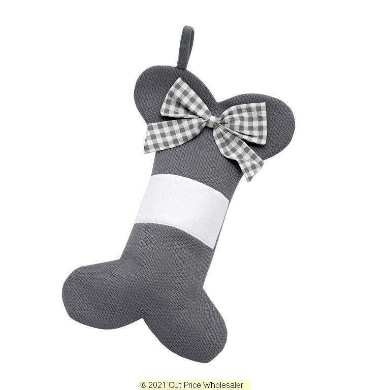 Deluxe Plush Grey Knitted Bone Stocking With Bow 40cm X 25cm - Click Image to Close