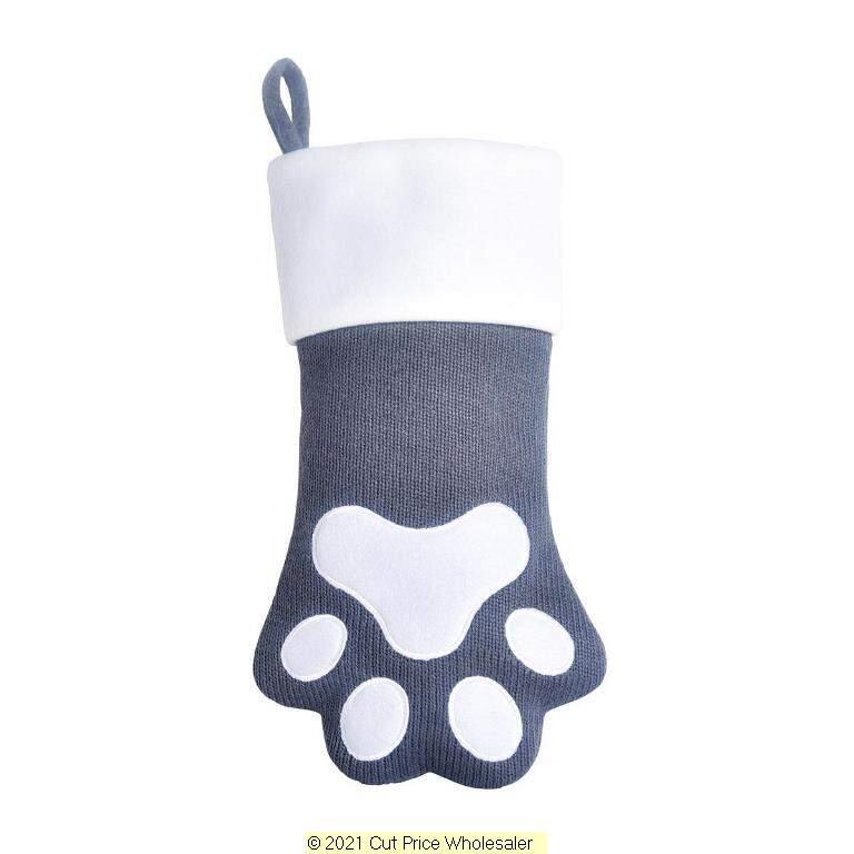Deluxe Plush Paw Grey Knitted Stocking 40cm X 25cm - Click Image to Close
