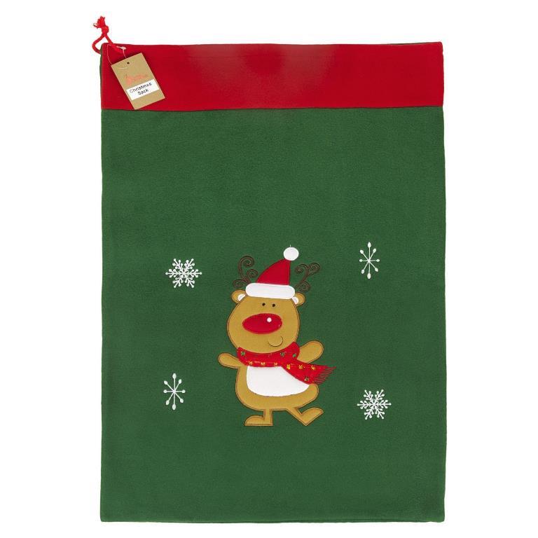 Deluxe Plush Green Reindeer Christmas Sack 50cm X 70cm - Click Image to Close