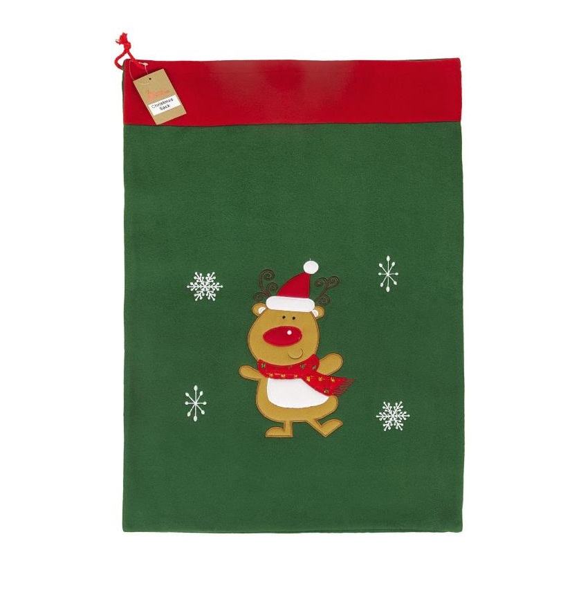 Deluxe Plush Green Reindeer Christmas Sack 50cm X 70cm - Click Image to Close