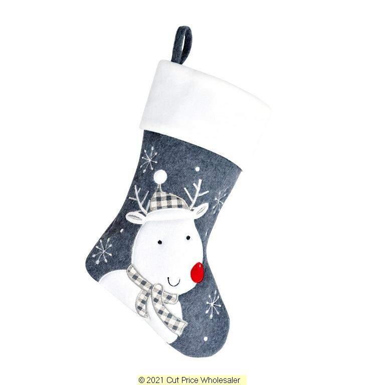 Charcoal Reindeer Christmas Stocking 40cm X 25cm - Click Image to Close