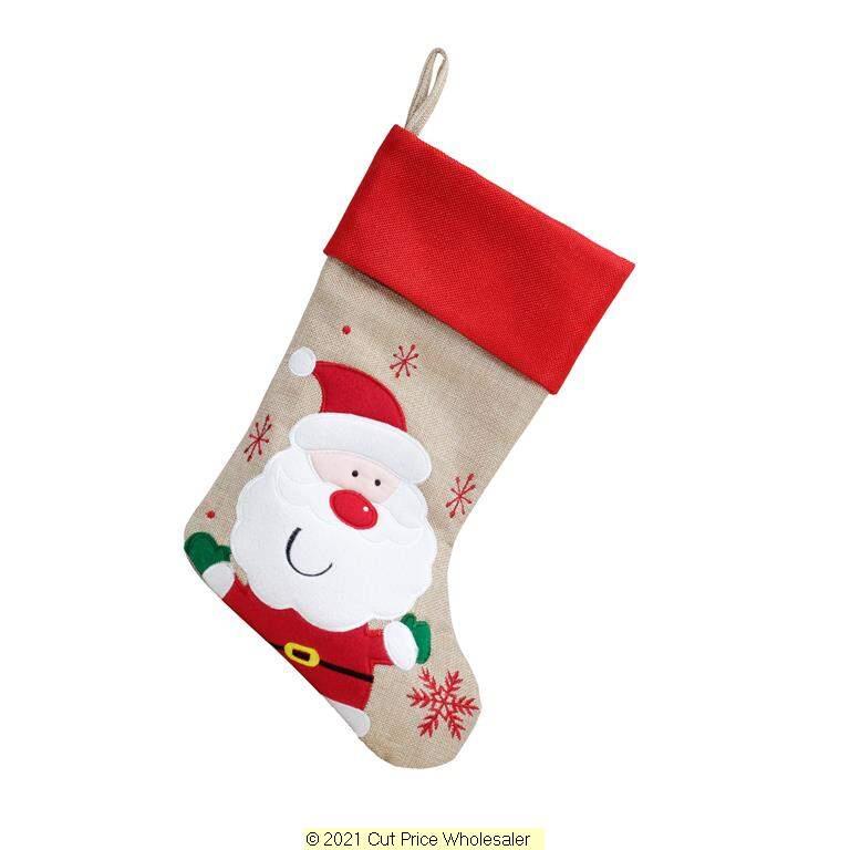 Deluxe Plush Hessian Red Top Cute Santa Stocking 40cm X 25cm - Click Image to Close