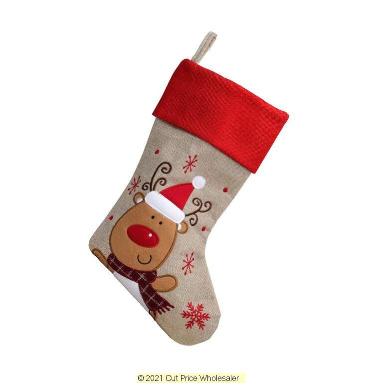 Deluxe Plush Hessian Red Top Reindeer Stocking 40cm X 25cm - Click Image to Close
