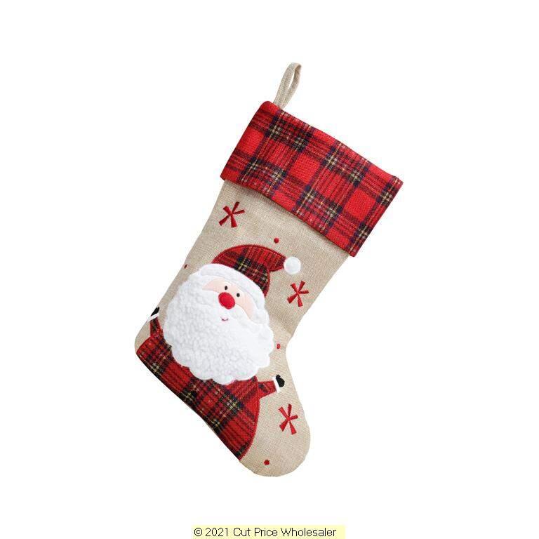Deluxe Plush Hessian Tartan Santa Stocking 40cm X 25cm - Click Image to Close