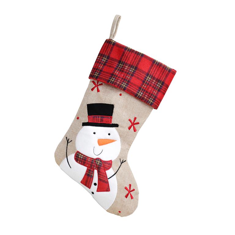 Deluxe Plush Hessian Tartan Snowman Stocking 40cm X 25cm - Click Image to Close