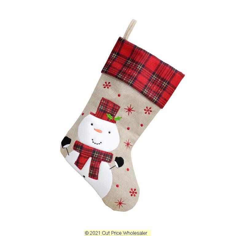 Tartan Snowman Christmas Stocking 40cm X 25cm - Click Image to Close