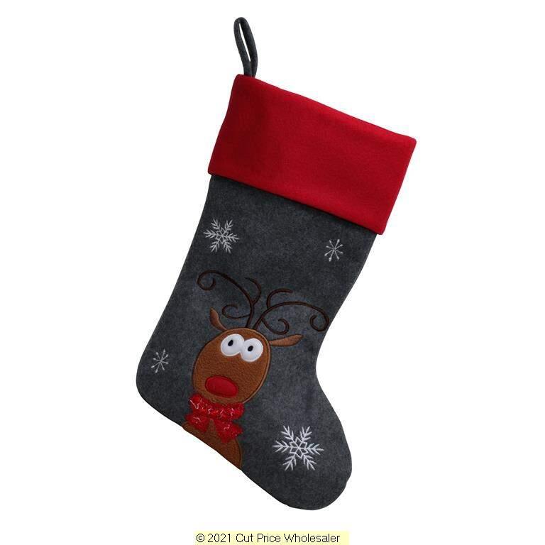 Deluxe Plush Grey Red Top Cute Reindeer Stocking 40cm X 25cm - Click Image to Close