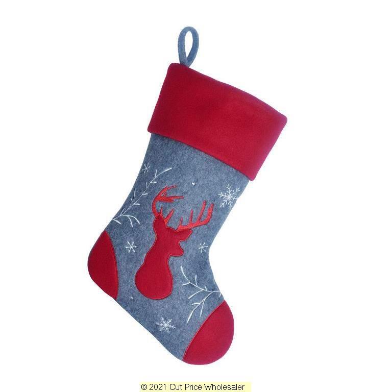 Deluxe Plush Stag Grey Red Top Charcoal Stocking 40cm X 25cm - Click Image to Close