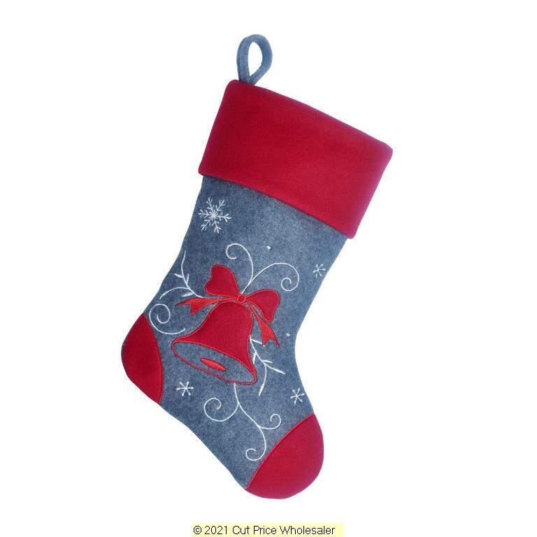 Deluxe Plush Bell Grey Red Top Charcoal Stocking 40cm X 25cm - Click Image to Close