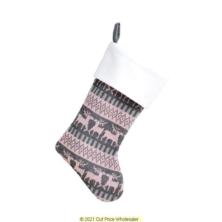 Deluxe Plush Grey Pink Nordic Reindeer Stocking 40cm X 25cm - Click Image to Close