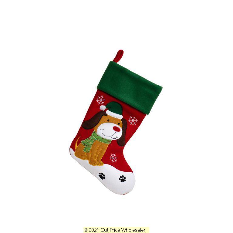 Deluxe Plush Red Green Top Cute Dog Stocking 40cm X 25cm - Click Image to Close