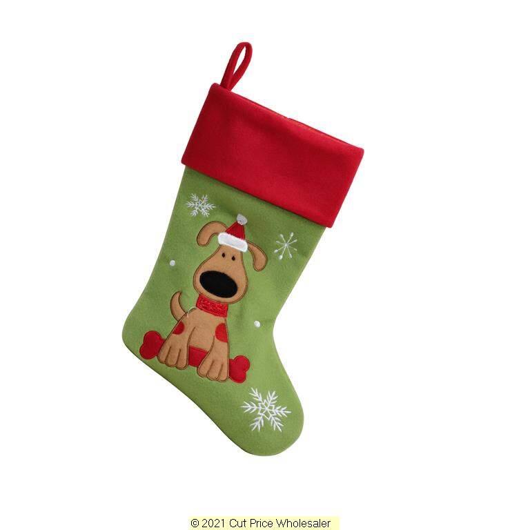 Deluxe Plush Green Red Top Cute Dog Stocking 40cm X 25cm - Click Image to Close