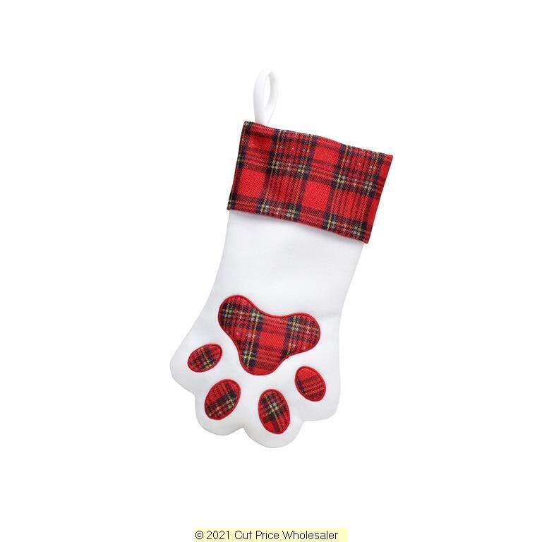 Deluxe Plush Red Tartan Dog Paw Shaped Stocking 36cm X 20cm - Click Image to Close