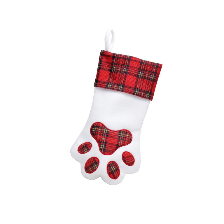 Deluxe Plush Red Tartan Dog Paw Shaped Stocking 36cm X 20cm - Click Image to Close