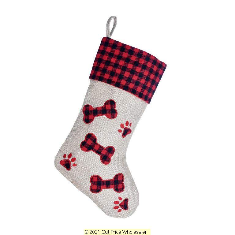 Deluxe Plush Plaid Red Check Bone Stocking 40cm X 25cm - Click Image to Close