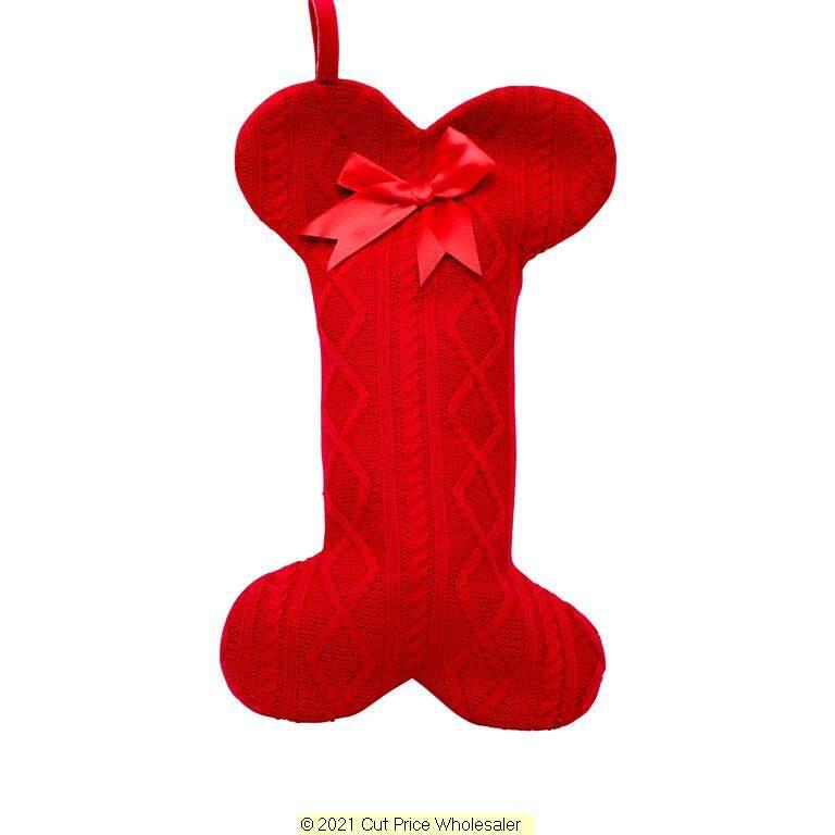 Deluxe Plush Red Knitted Bone Stocking With Bow 40cm X 25cm - Click Image to Close