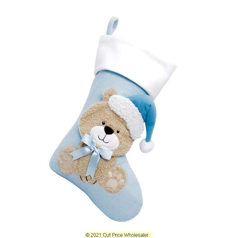 Deluxe Plush Baby Blue Knitted 3D Teddy Stocking 40cm X 25cm - Click Image to Close